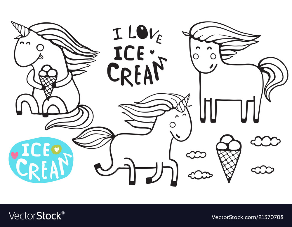 Unicorn ice cream outline coloring page royalty free vector