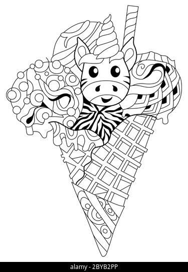 Ice cream with unicorn head drawn in black and white outline for coloring page stock vector image art