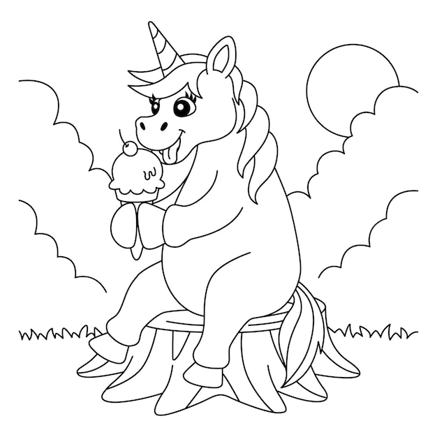 Premium vector unicorn eating ice cream coloring page for kids