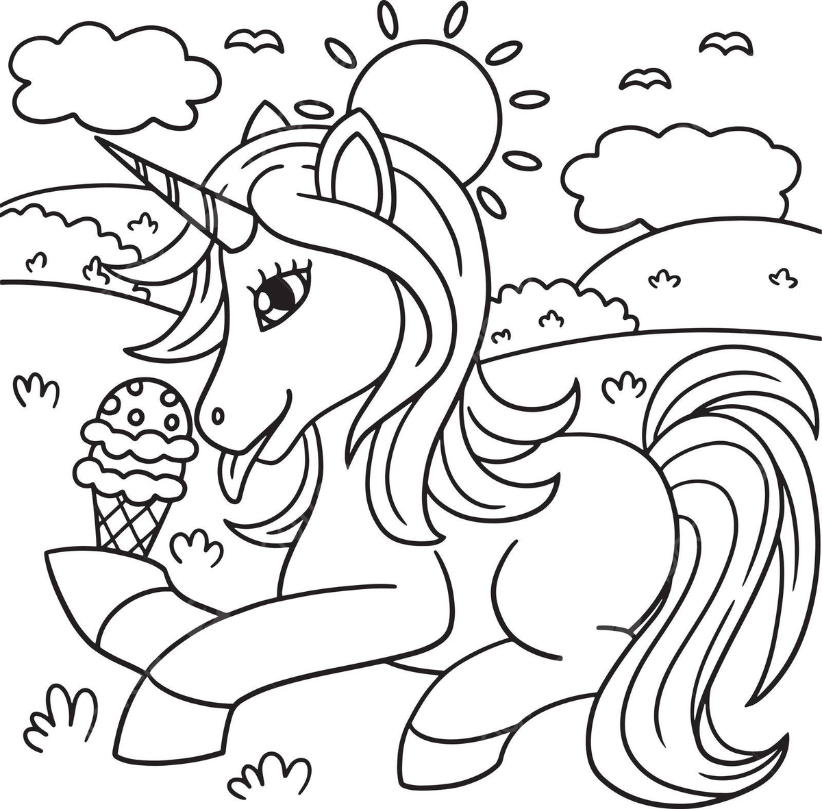 Kids coloring page a unicorn enjoying some ice cream vector unicorn drawing ice cream drawing ring drawing png and vector with transparent background for free download