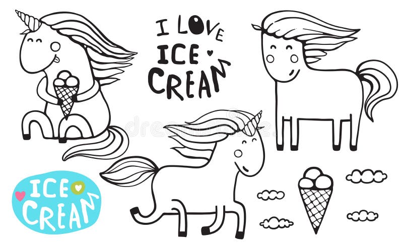 Unicorn ice cream outline coloring page stock vector