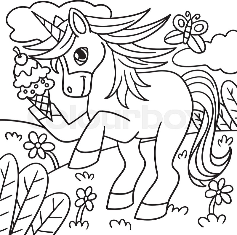 Unicorn with ice cream in the hand coloring page stock vector