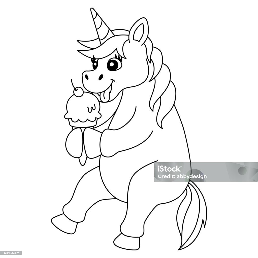 Unicorn eating ice cream coloring page isolated stock illustration