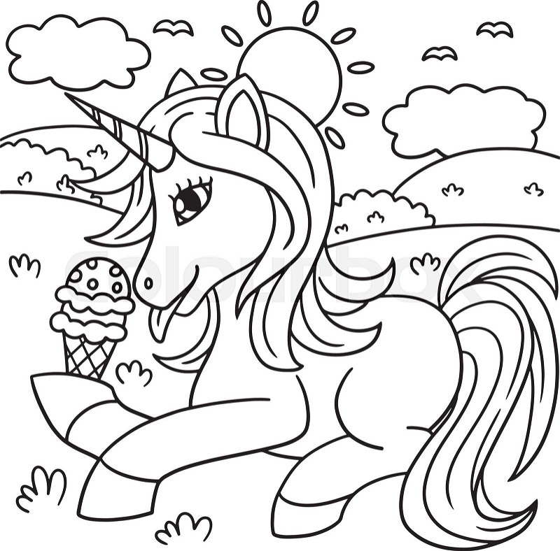 Unicorn eating ice cream coloring page for kids stock vector