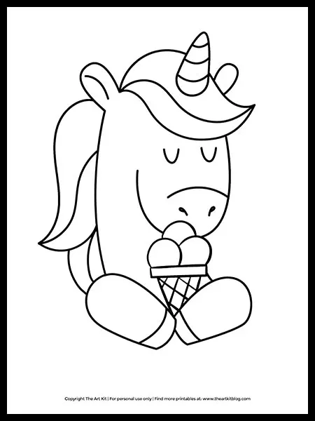 Free printable cute unicorn holding an ice cream cone coloring page â the art kit