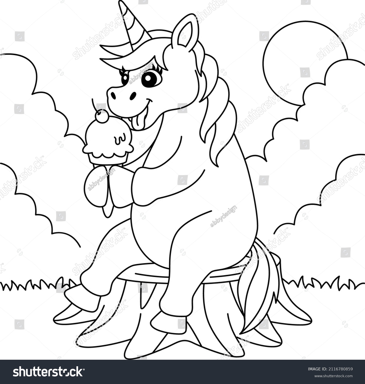 Unicorn eating ice cream coloring page stock vector royalty free