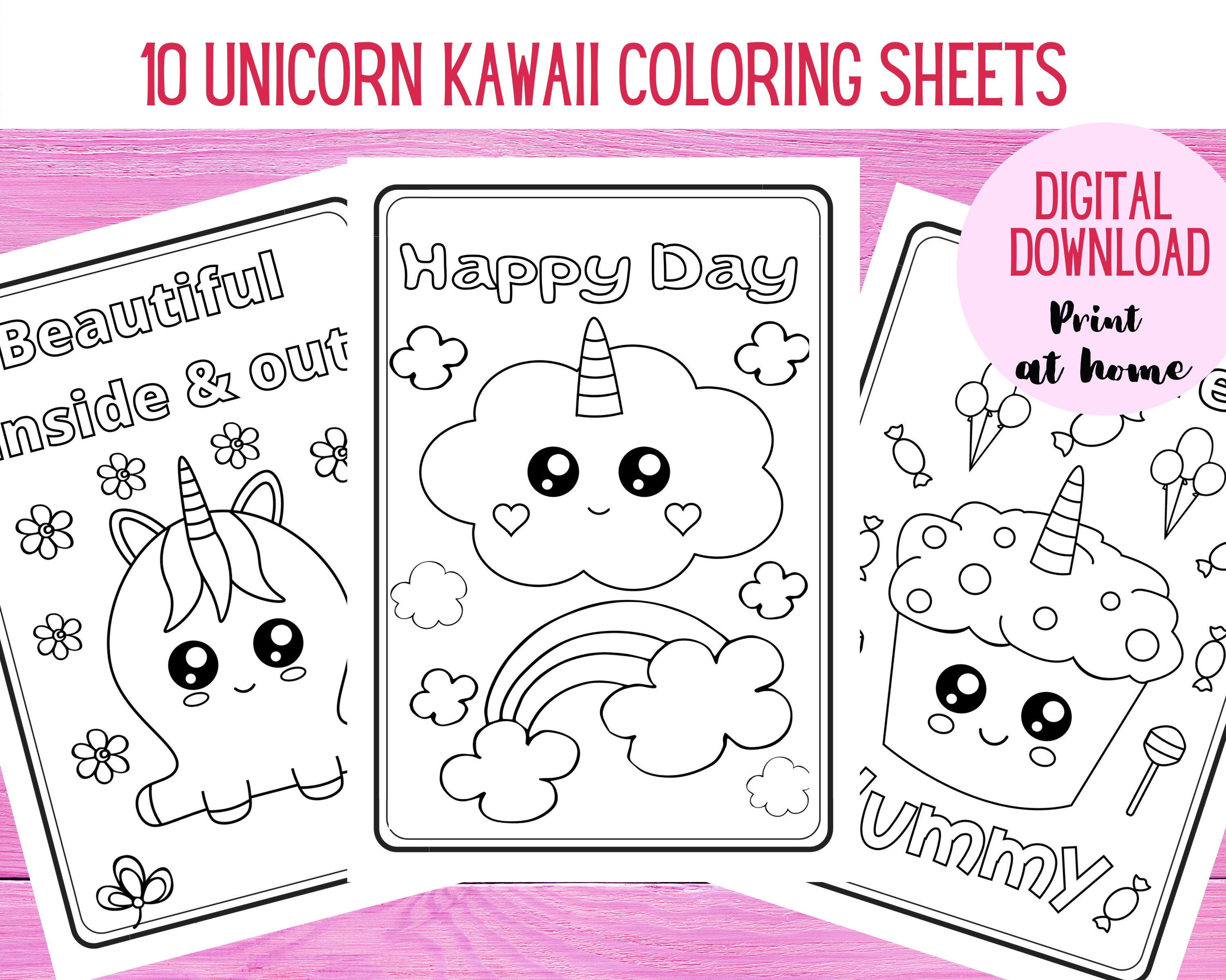 Unicorn coloring pages cute unicorn kawaii coloring sheets digital download coloring pages for kids