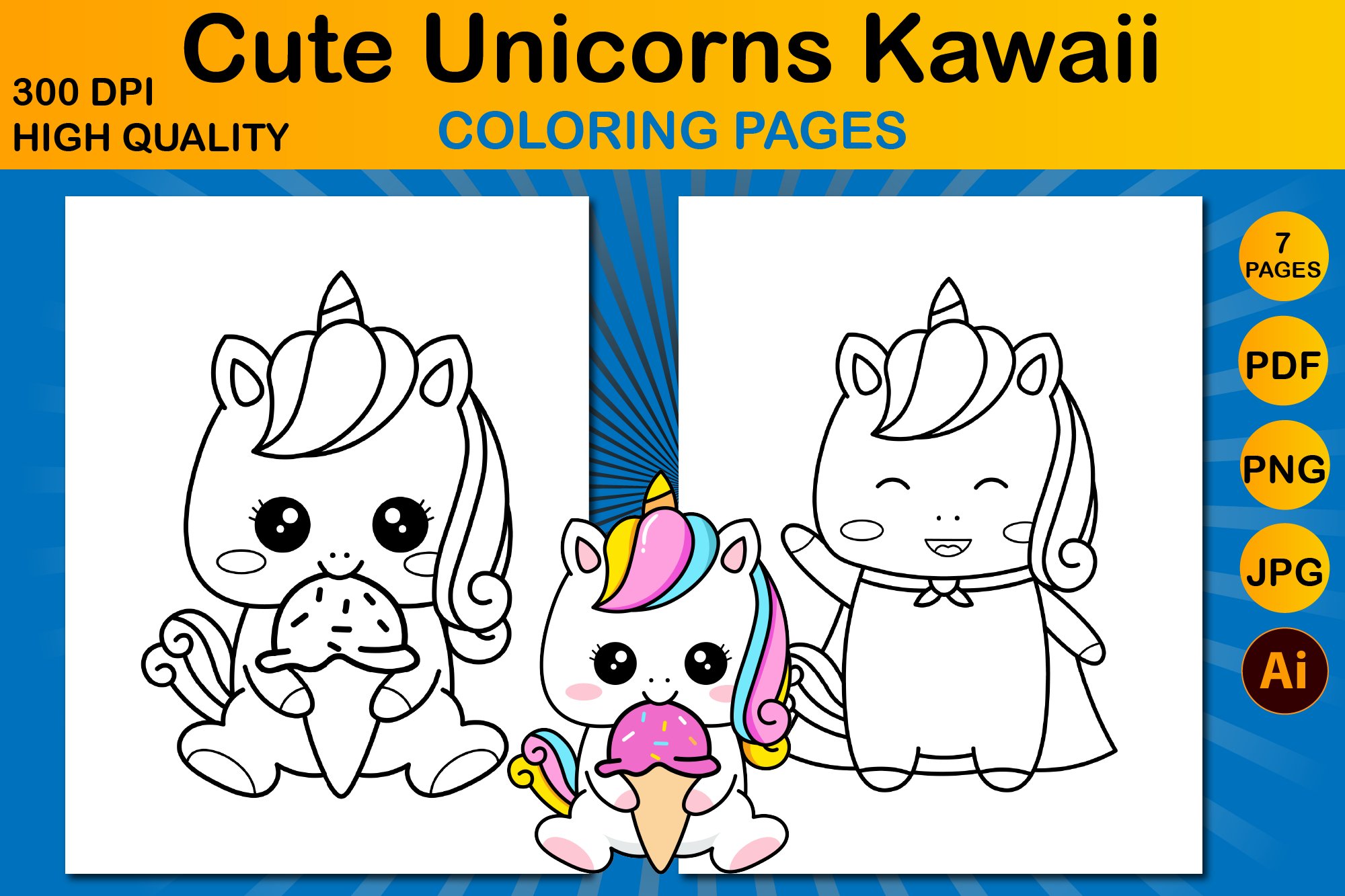 Cute unicorns kawaii coloring pages