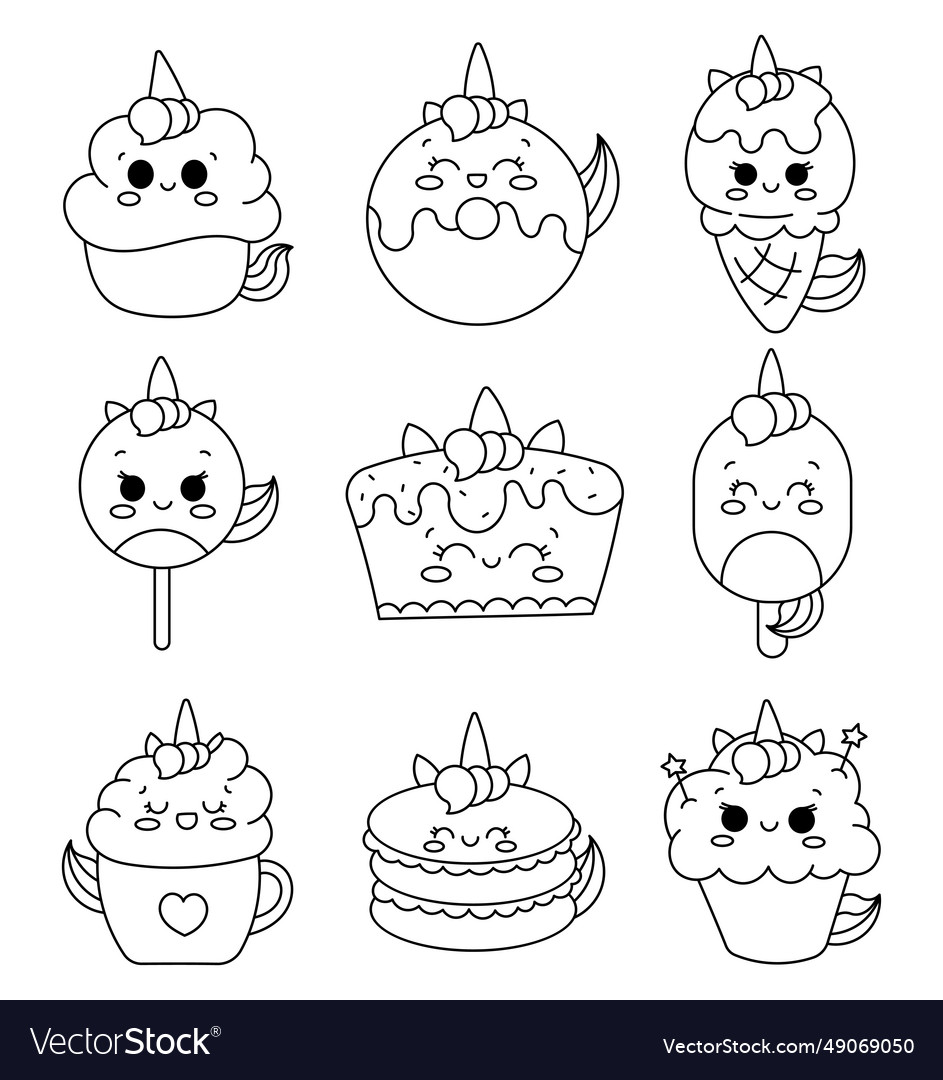 Cute kawaii unicorn coloring page royalty free vector image