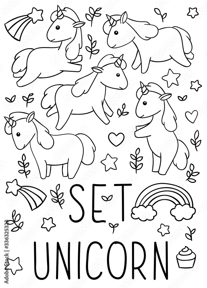 Coloring pages black and white set cute kawaii hand drawn unicorn doodles vector