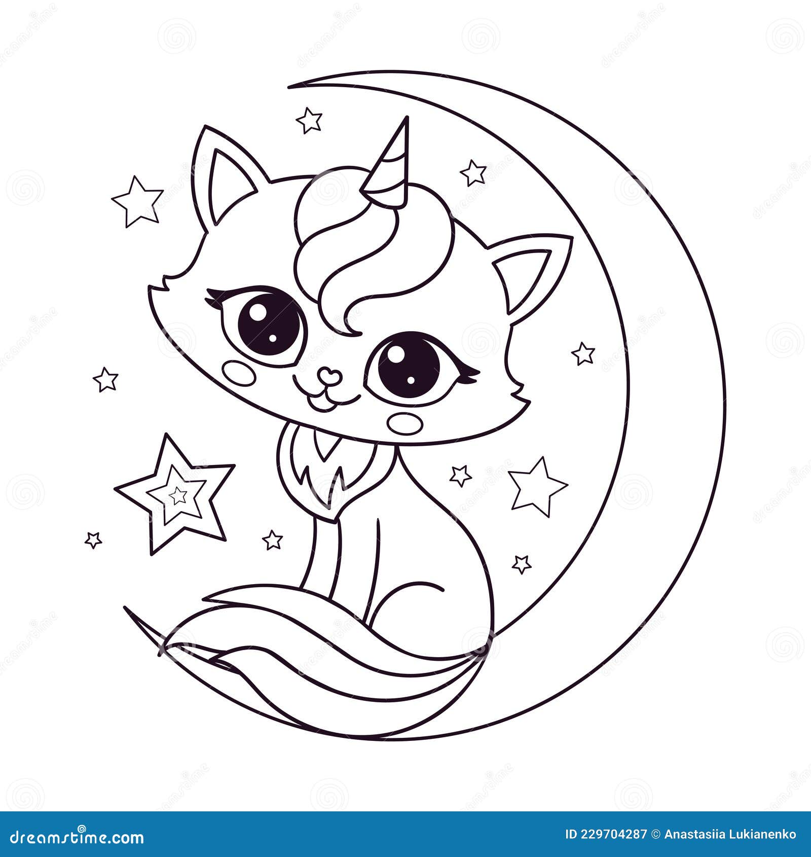 Cute kitten unicorn sits on the moon black