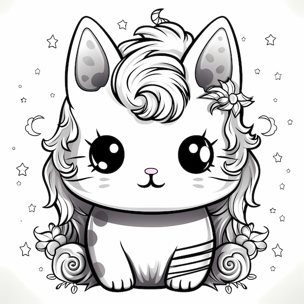 Premium ai image the cutest kitten unicorn kawaii style coloring page