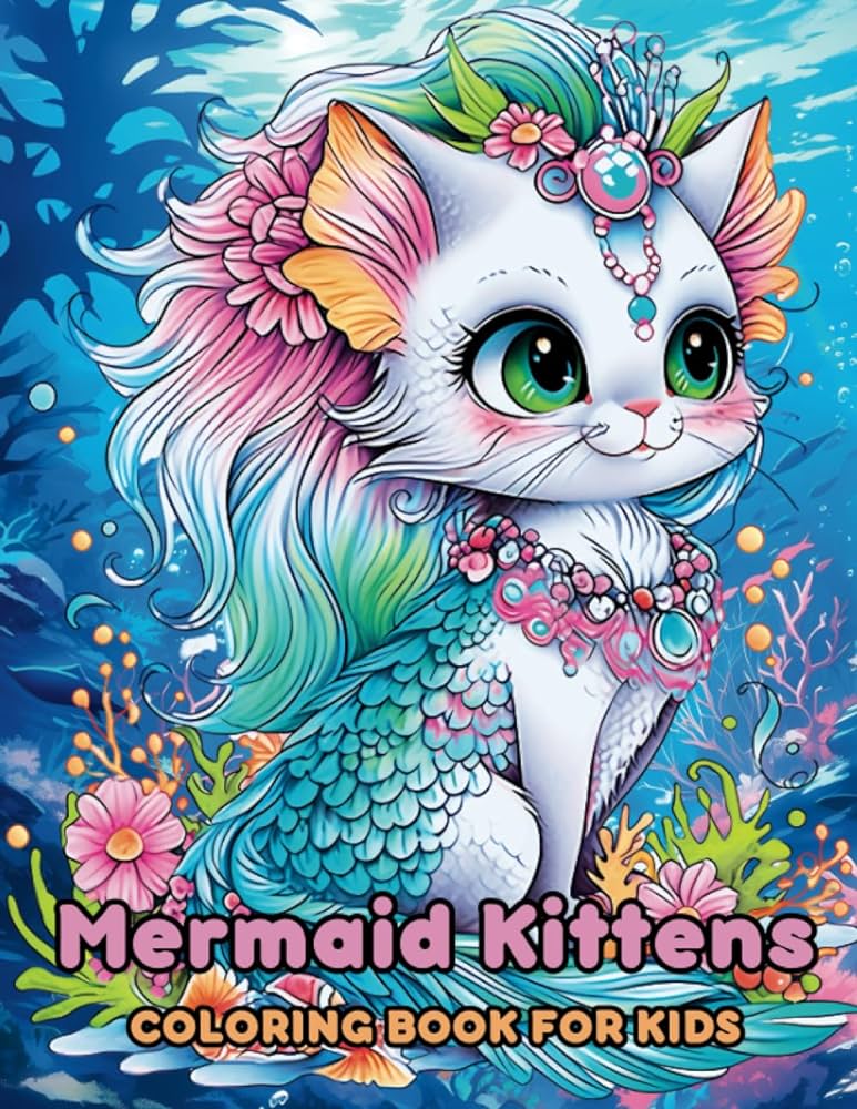 Mermaid kittens coloring book for kids exciting and simple coloring pages in adorable style featuring kittens mermaids seahorses fish coral bubbles and more perfect for boys and girls aged