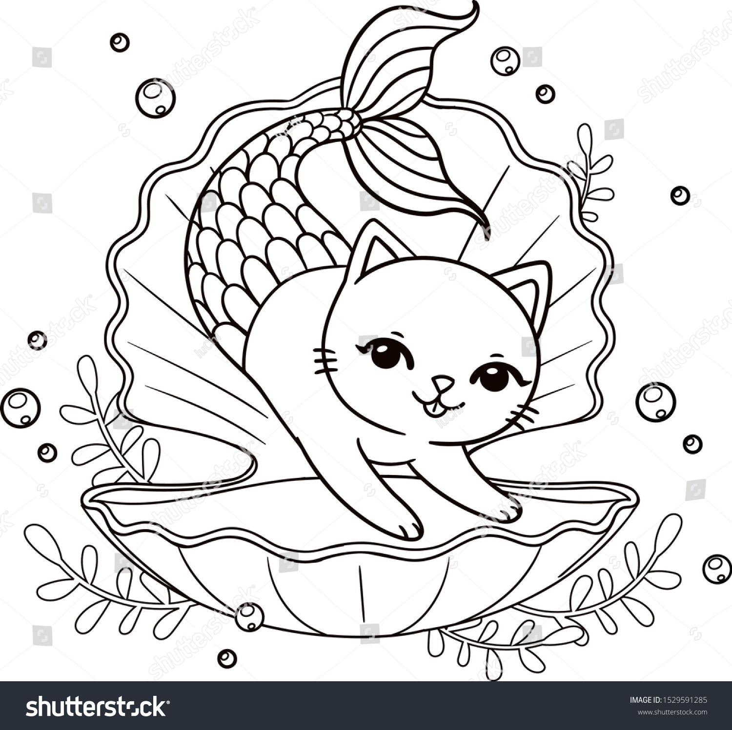 Cute mermaid kitten seashell vector outline stock vector royalty free