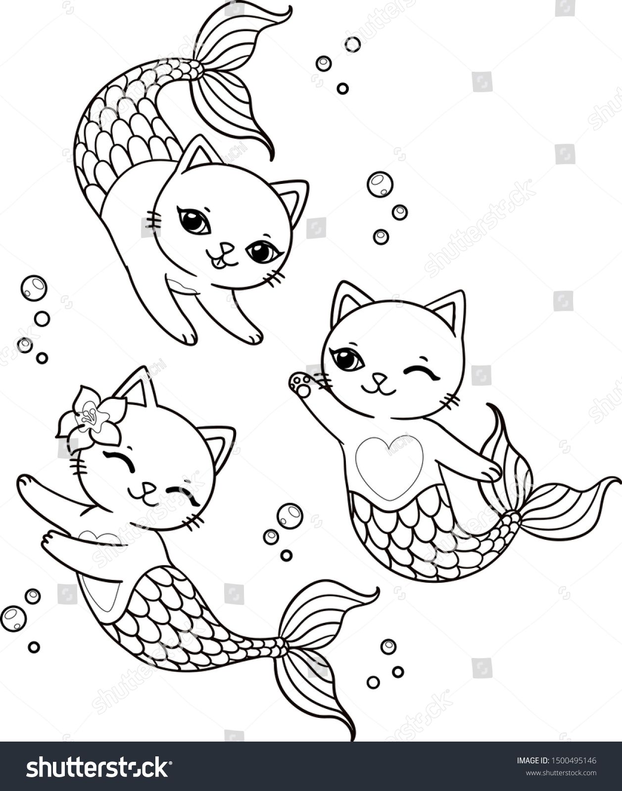 Three cute mermaid cats bubbles vector stock vector royalty free shutterstock mermaid coloring book mermaid coloring pages cat coloring page