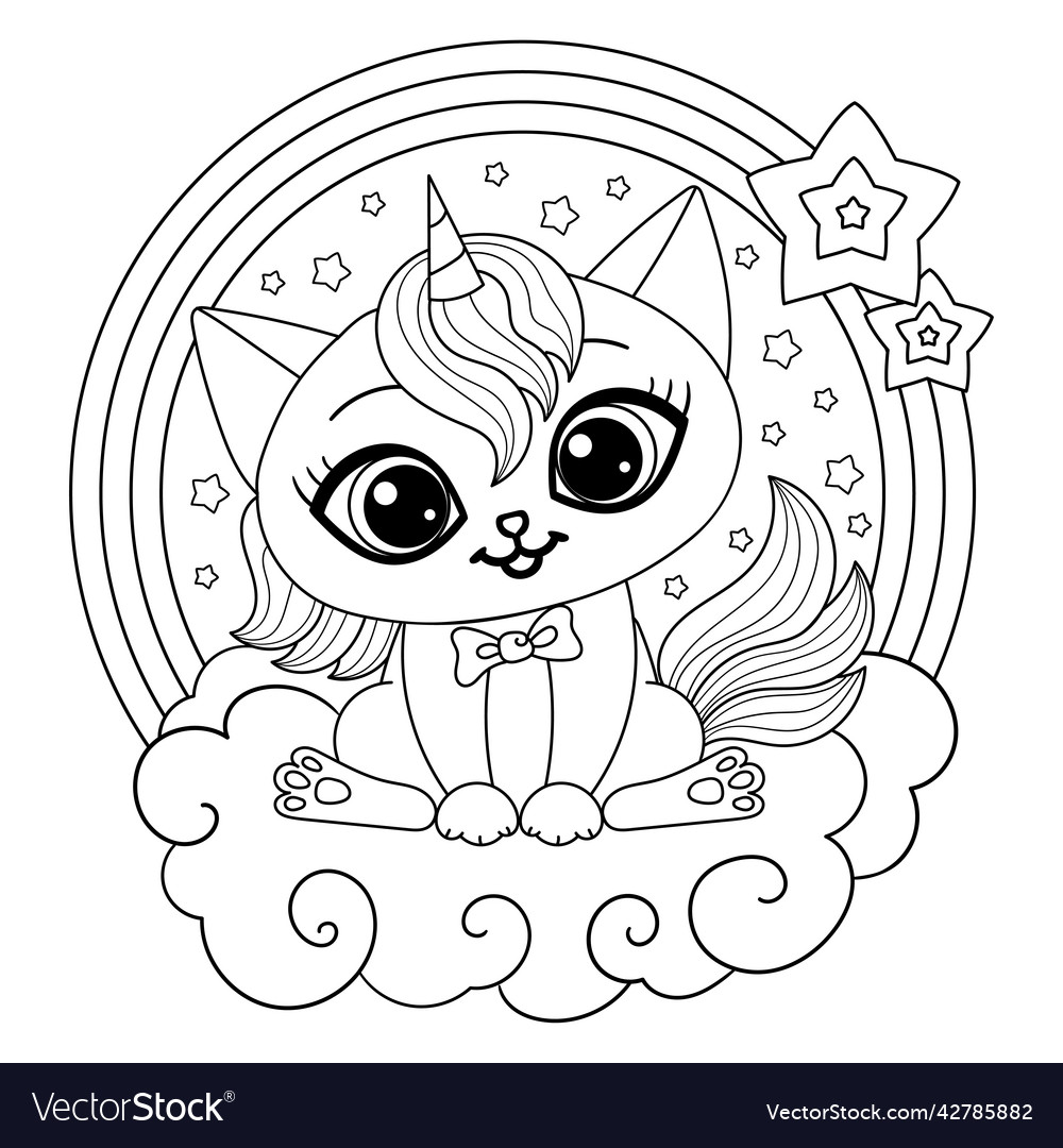 Cute unicorn cat black and white linear drawing vector image