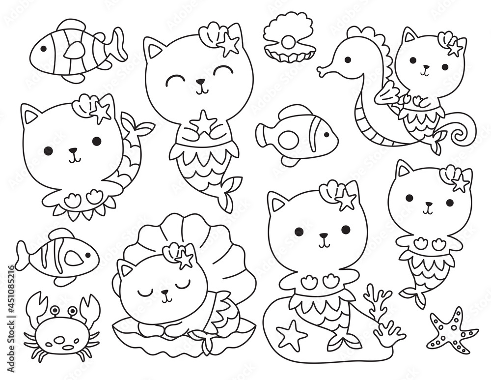 Set of cute cat mermaid and fishes starfish crab shell outline coloring vector illustration with live stroke vector