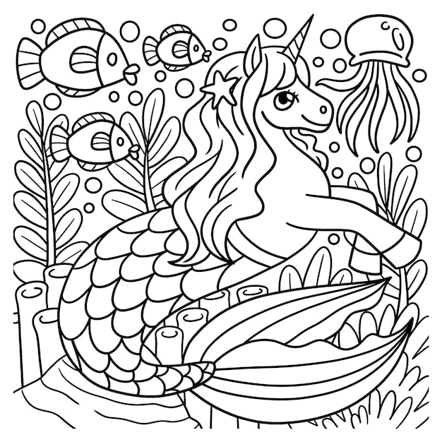 Premium vector mermaid unicorn coloring page for kids