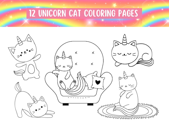 Unicorn cat coloring pages cute cat coloring sheets printable coloring pages kids activity instant download