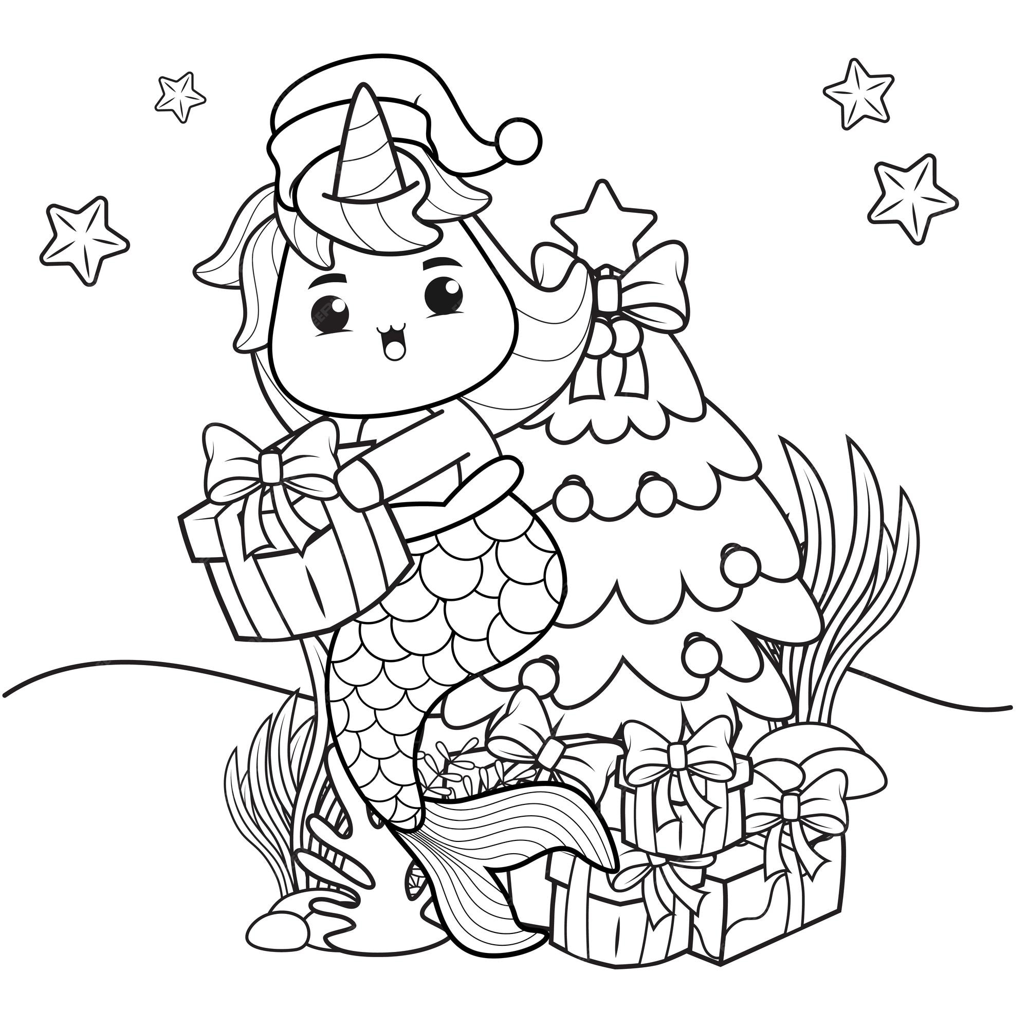 Premium vector christmas coloring book with cute unicorn mermaid