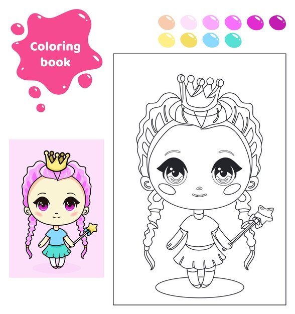 Premium vector coloring book for kids worksheet for drawing with cartoon anime girl cute princess with crown