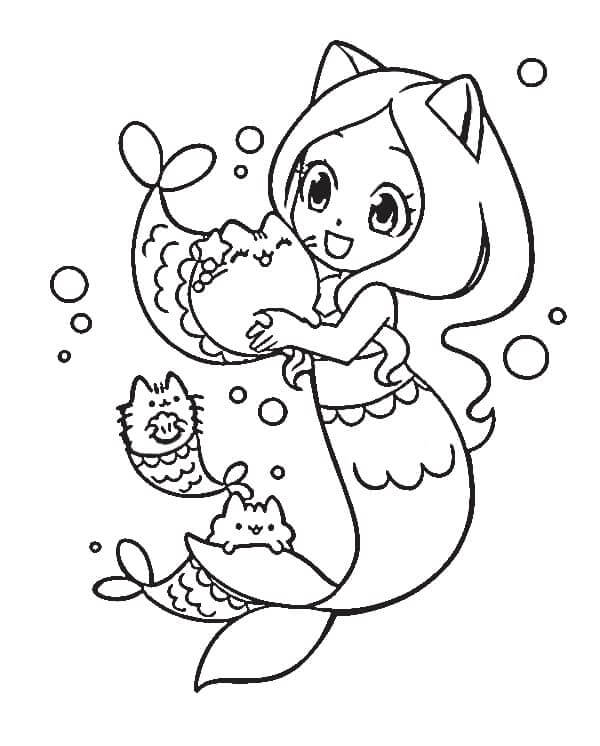 Pusheen with mermaid coloring page