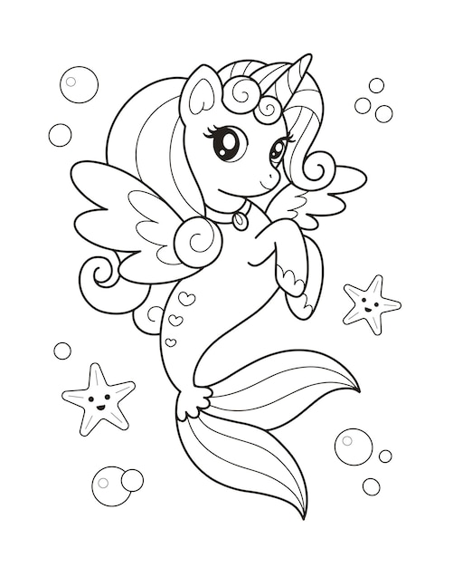 Premium vector unicorn mermaid coloring page illustration