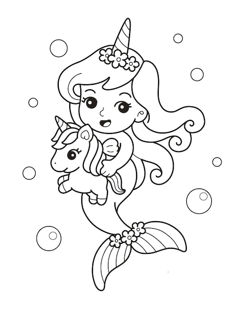 Premium vector beautiful unicorn mermaid printable coloring page