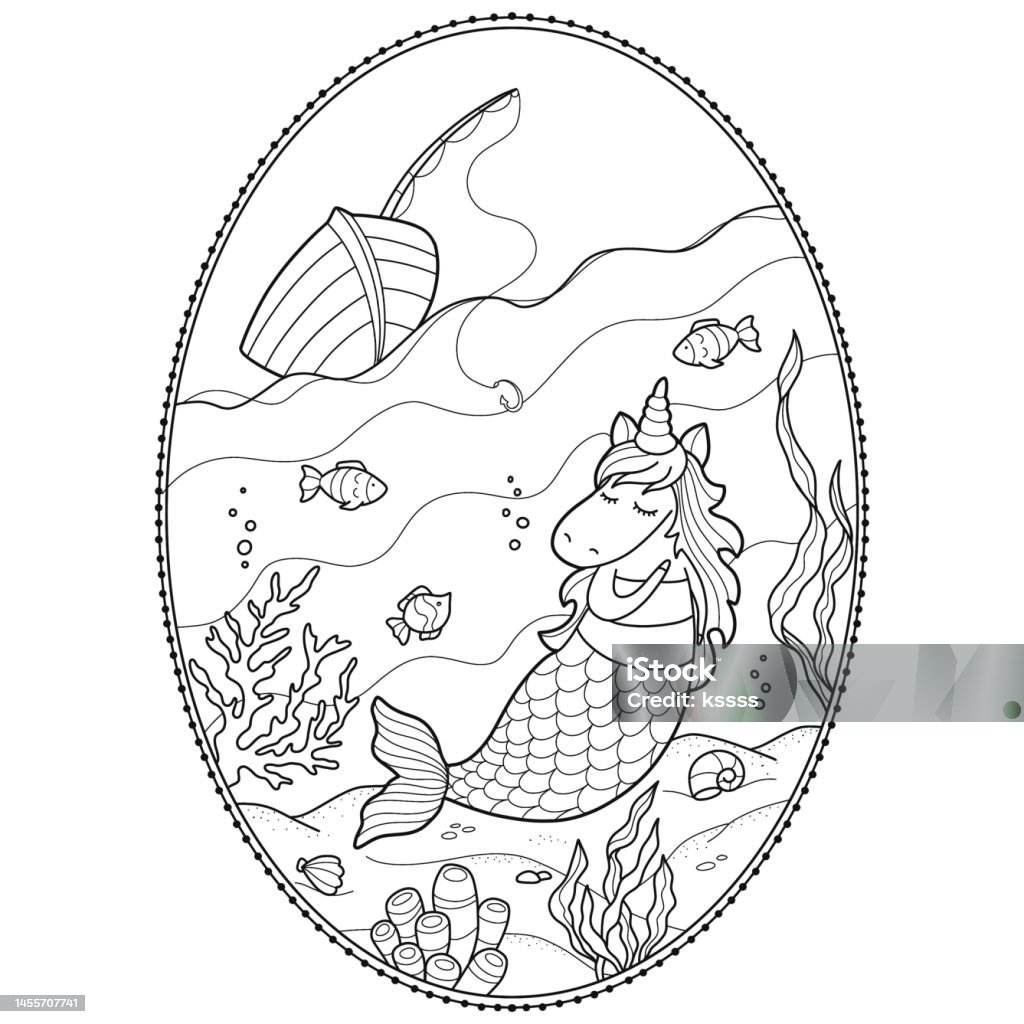 Unicorn mermaid coloring page for kids stock illustration