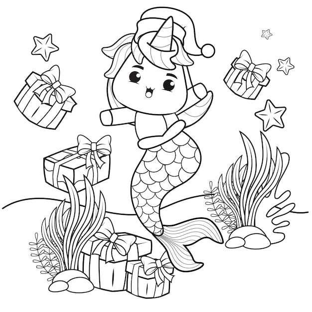 Premium vector christmas coloring book with cute unicorn mermaid