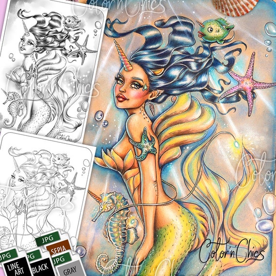 Unicorn mermaid premium coloring page for adults printable