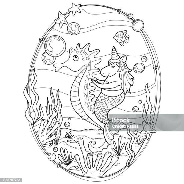 Unicorn mermaid coloring page for kids stock illustration