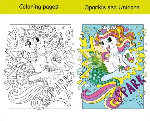 Cute unicorn mermaid coloring and template vector illustration