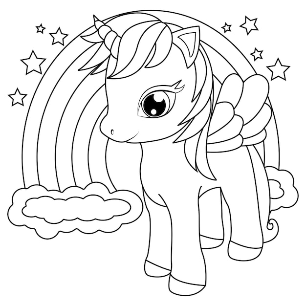 Premium vector cute pony unicorn rainbow coloring page