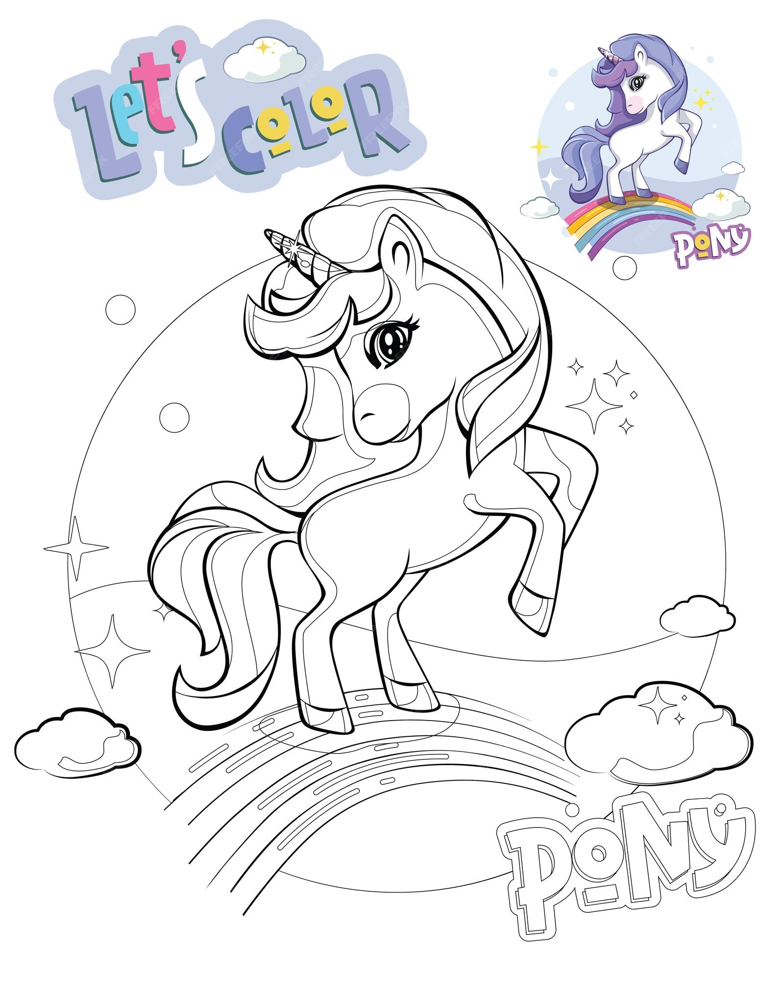 Premium vector cute little pony vector black and white illustration for coloring book