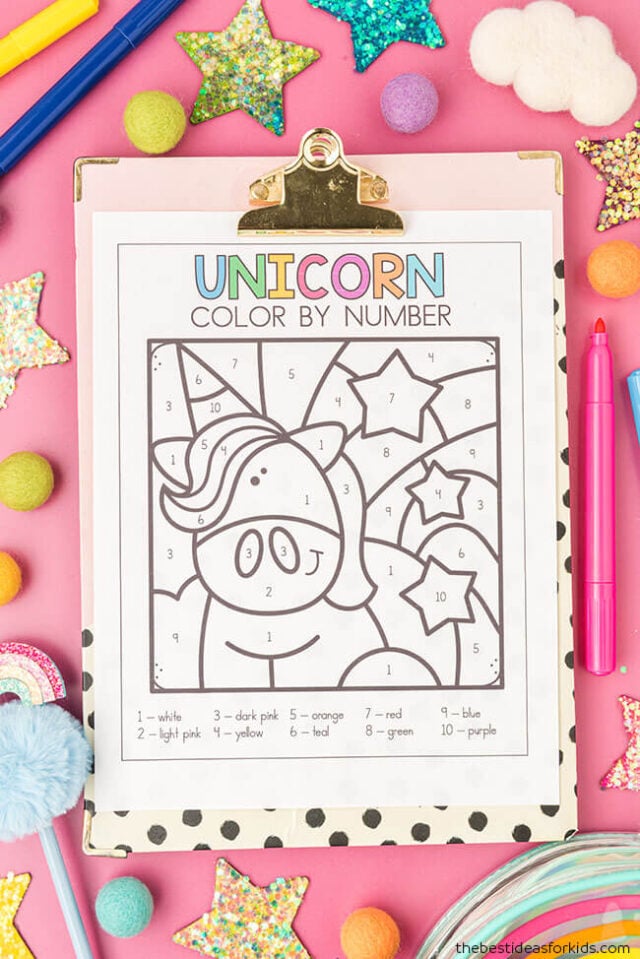 Unicorn color by number free printables