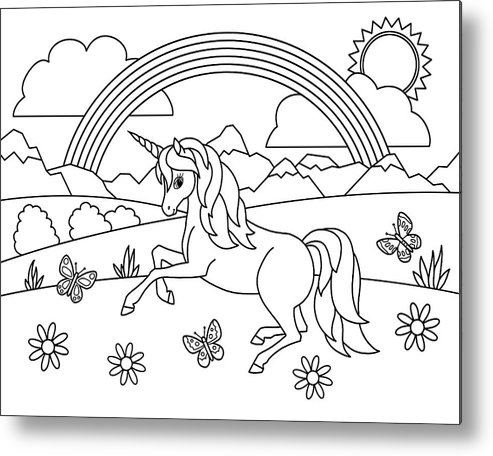 Kids rainbow unicorn coloring page metal print by crista forest