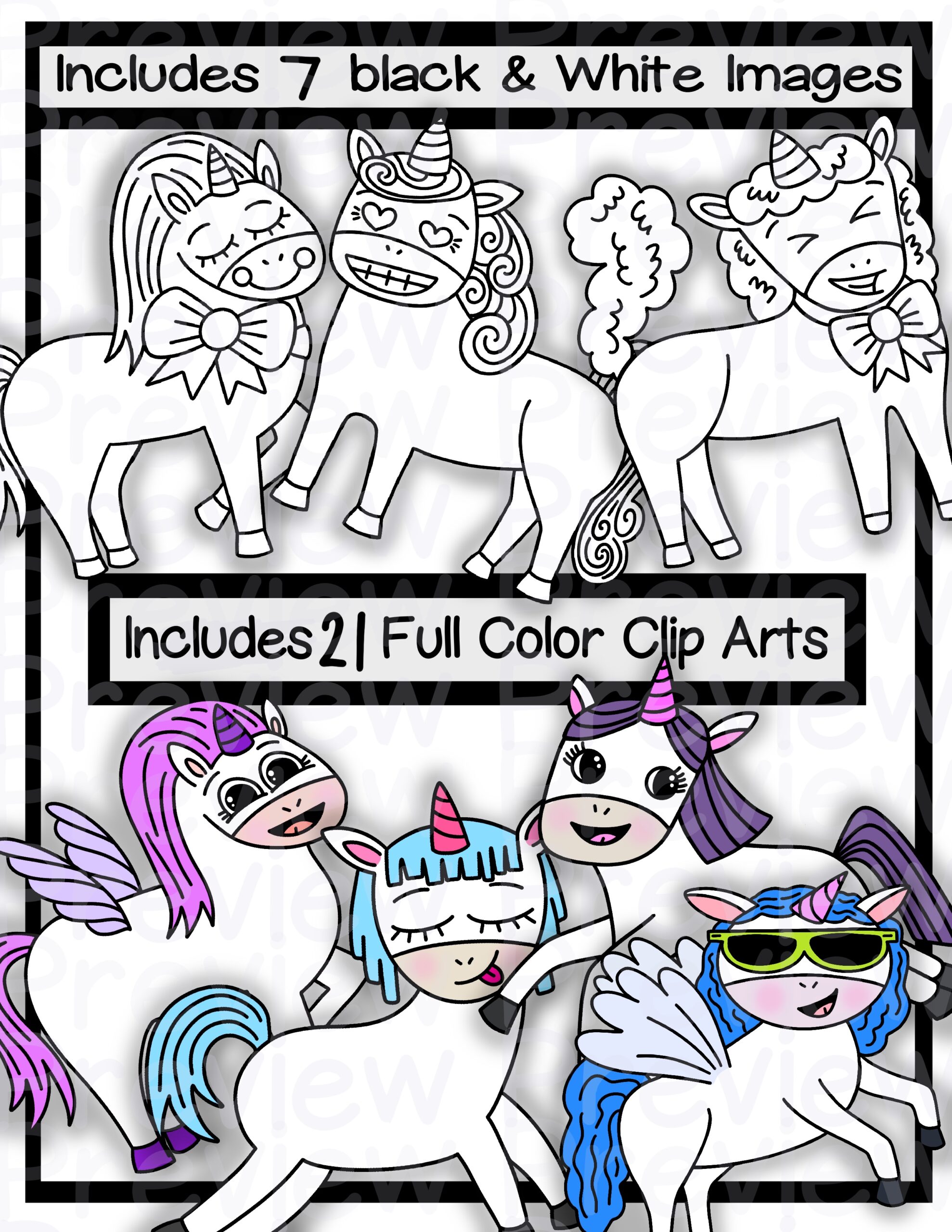 Unicorn clip arts with printable pdf coloring pages made by teachers