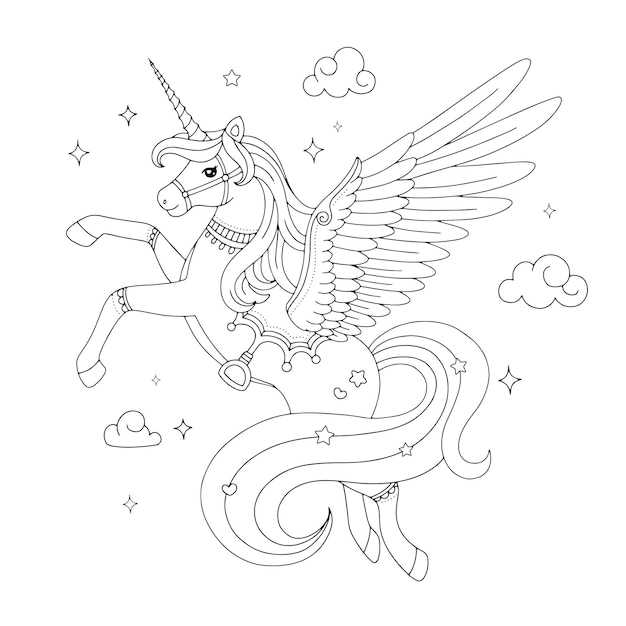 Premium vector beautiful unicorn pegasus drawing coloring page