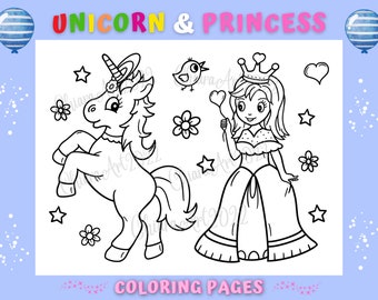 Princess unicorn coloring pages for kids and adult printable pretty princess coloring pages unicorn party birthday pdf