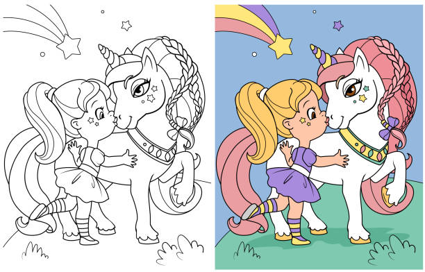 Coloring page girl and unicorn fairy tale iillustration stock illustration