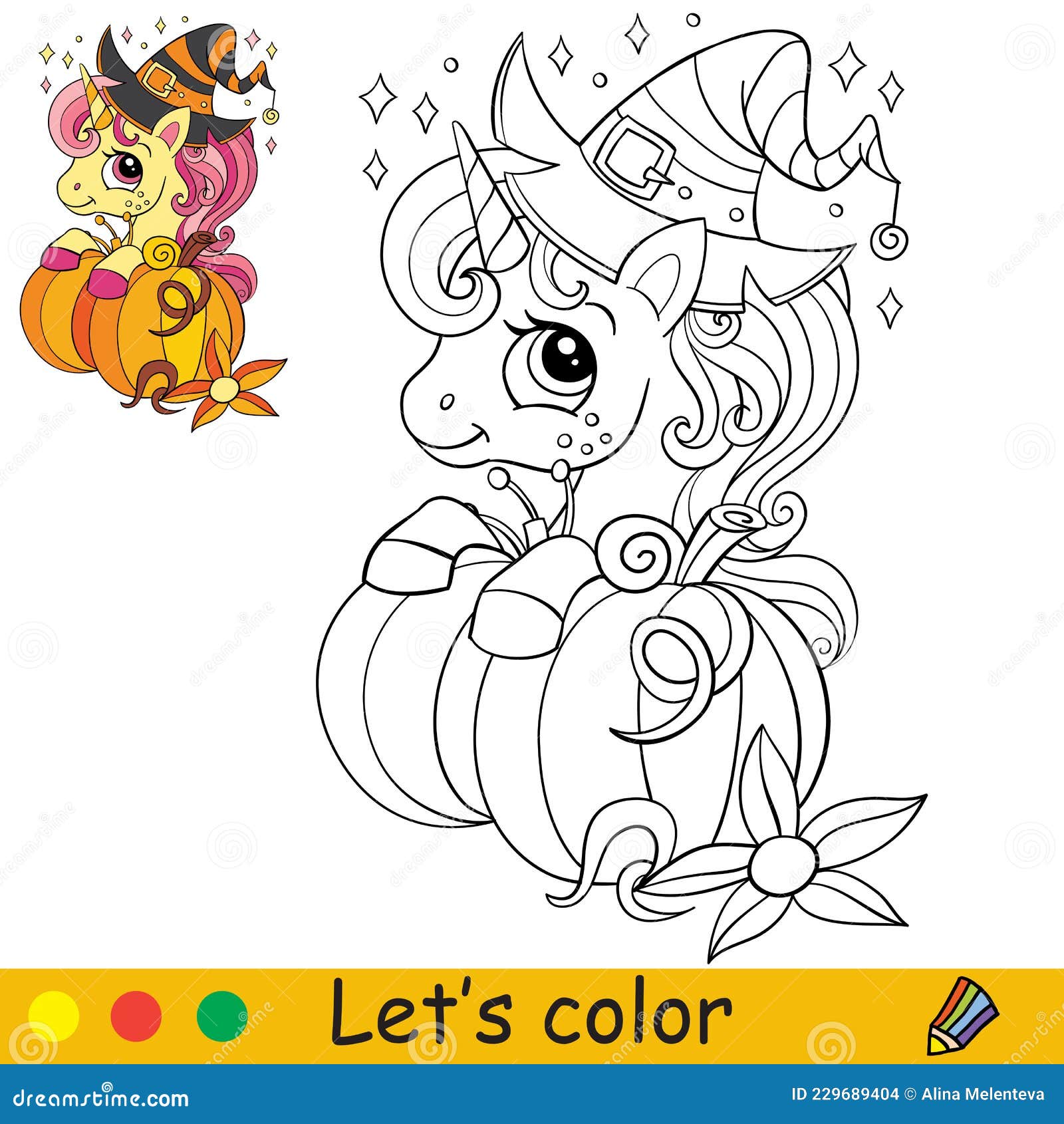 Pumpkin and cute unicorn coloring book page halloween stock vector