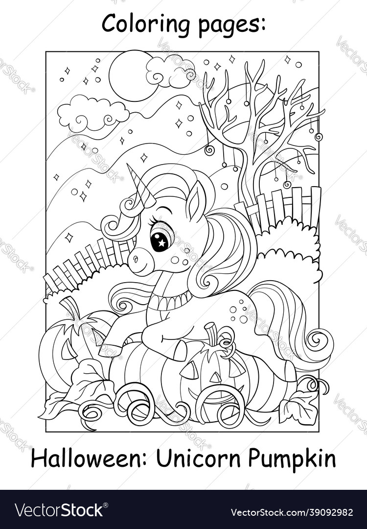 Coloring book page cute unicorn lying on pumpkin vector image