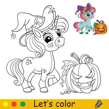 Cute witch unicorn coloring book page halloween stock illustration