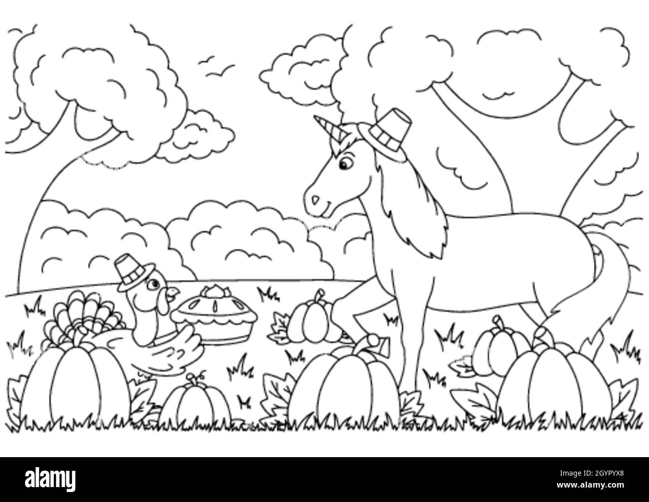 A turkey brings pumpkin pie to a unicorn coloring book page for kids thanksgiving day stock vector image art