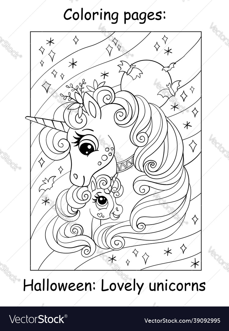 Coloring book page cute unicorn witch halloween vector image