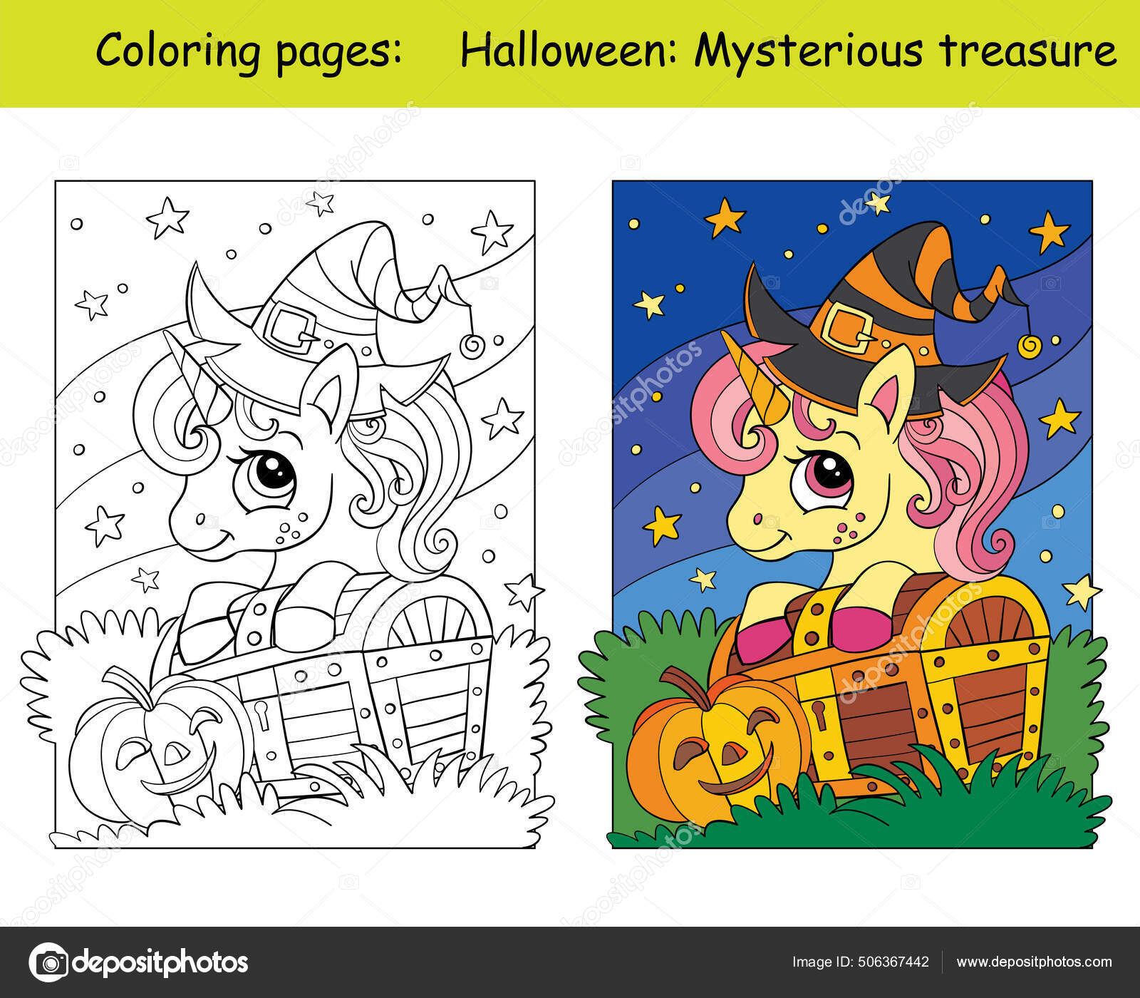 Cute unicorn witches hat chest halloween concept coloring book page stock vector by alinart