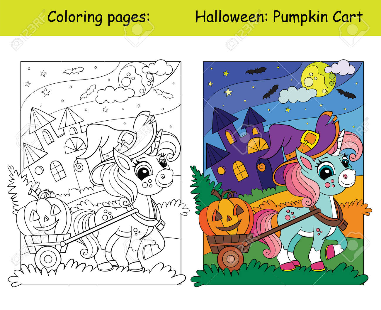 Cute unicorn driving halloween pumpkin in a cart halloween concept coloring book page for children with colorful template vector cartoon illustration royalty free svg cliparts vectors and stock illustration image