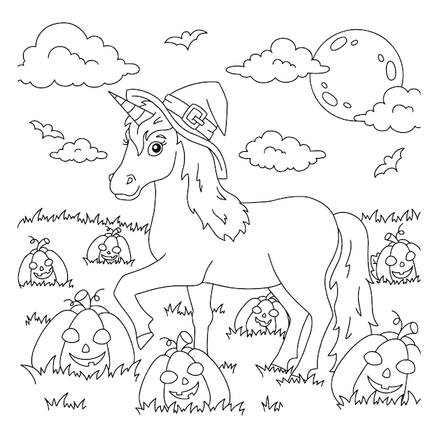 Premium vector a unicorn in a hat walks across the pumpkin field halloween theme coloring book page for kids