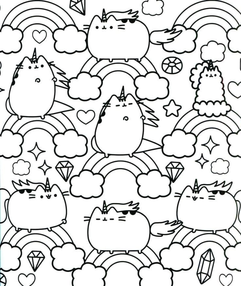 Pusheen unicorns coloring page